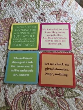 Set of 4 Humorous Square Coasters in Green, Pink, Blue, and Orange